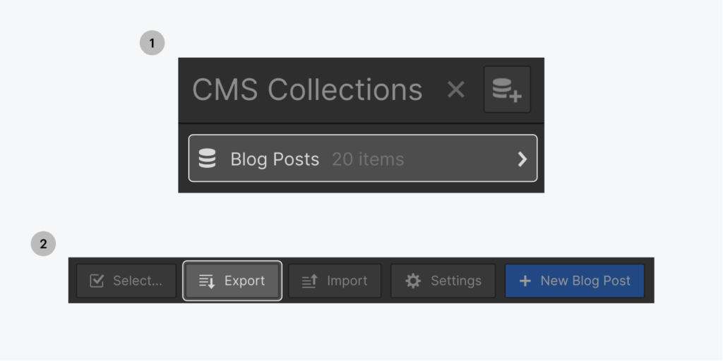 Webflow CMS erstelle eine website exportiere als csv aus der CMS Collections toolbar skrivanek