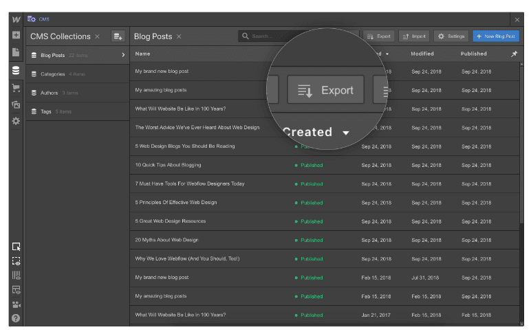 Webflow CMS wie man eine website inhalt als csv exportiert skrivanek