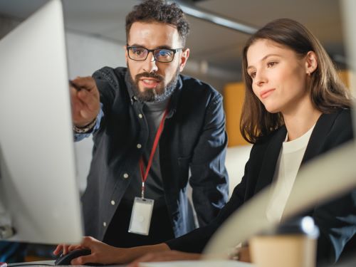 wissenschaftliche texte ubersetzen eine Frau und ein Mann arbeiten an einem Computer skrivanek