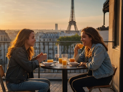 Zwei junge Frauen essen bei Sonnenuntergang Hallo auf Franzosisch skrivanek