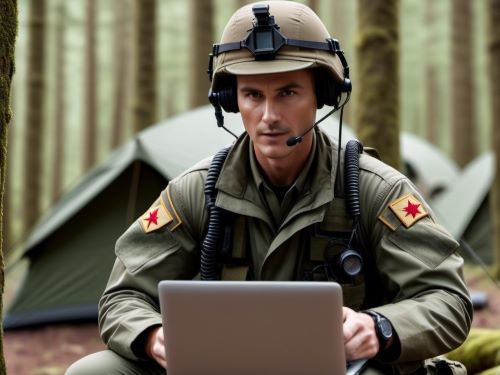 Soldat im Wald mit Kopfhorern und Laptop Militarsprache skrivanek