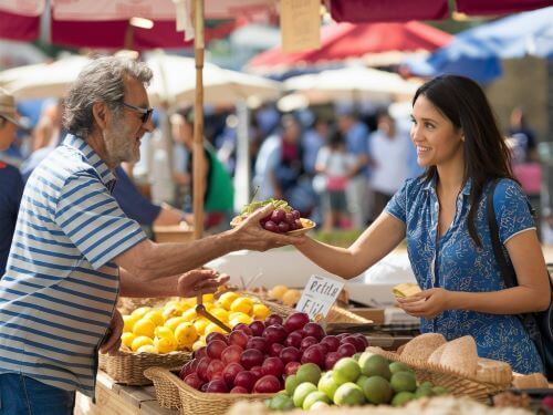 ein freundlicher griechischer Markthandler, der frisches Obst anbietet danke auf griechisch skrivanek