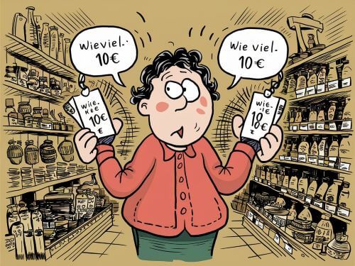 eine humorvolle Cartoon Illustration wieviel oder wie viel Skrivanek