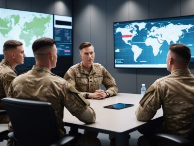 vier uniformierte Manner im Gesprach am Tisch Militarsprache skrivanek