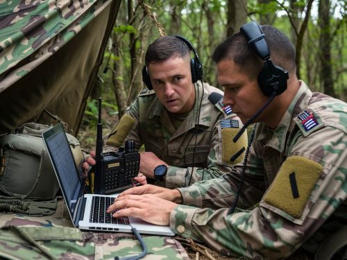 zwei Militaroffiziere sprechen uber das Radio, wahrend sie in einem Zelt im Wald sitzen Militarsprache skrivanek